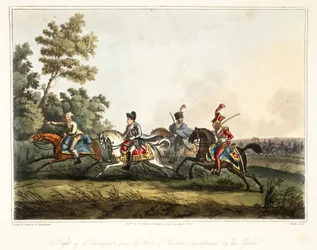 Flucht von Buonaparte vom Schlachtfeld von Waterloo, begleitet von seinem Führer, graviert von Rouse, veröffentlicht von H. Colburn, 1816